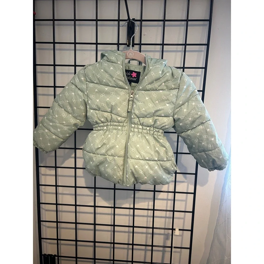 Pink Platinum Girls Mint Green Heart Print Hooded Puffer Jacket Size 3T